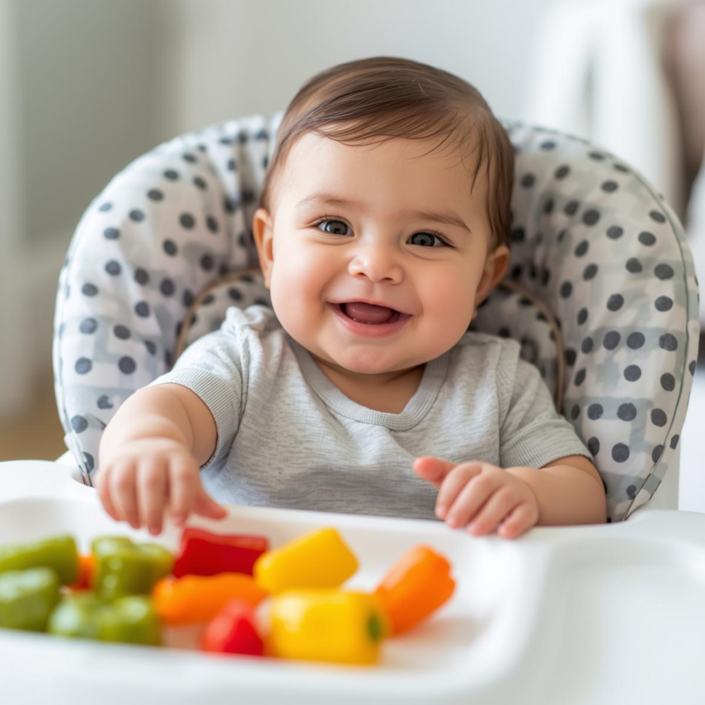 Baby im Hochstuhl das lacht